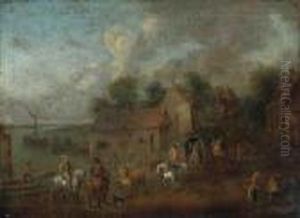 A Lakeside Village, With A
Carriage And Mounted Figures On The Shore, A Wooded Landscape Beyond by Theobald Michau