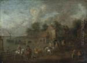 A Lakeside Village, With A 
Carriage And Mounted Figures On Theshore, A Wooded Landscape Beyond