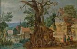 Un Village Avec Des Paysans Discutant Pres D'une Etable Et Un Moulin A Eau Un Village Avec Des Paysans Discutant Pres D'une Etable Et Un Moulin A Eau