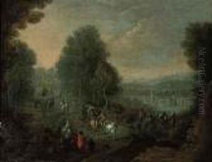 A Wooded River Landscape With Travellers On A Track, A Villagebeyond by Theobald Michau