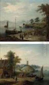 A Coastal Landscape With Fishing Boats Before A House And A Windmill Beyond by Theobald Michau