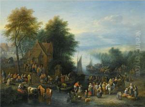 A River Landscape With Figures
By A Ferry, Other Figures Seated Onthe Banks Of The River, With Their
Cattle In The Water - view 1