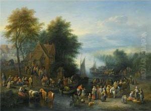 A River Landscape With Figures
By A Ferry, Other Figures Seated Onthe Banks Of The River, With Their
Cattle In The Water by Theobald Michau