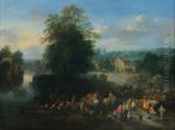 Village Flamand Pres D'une Riviere Avec Scene De Marche - view 1