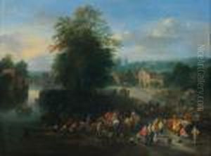 Village Flamand Pres D'une Riviere Avec Scene De Marche by Theobald Michau