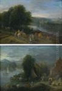 Paysages Fluviaux Animes De Promeneurs Et De Paysans