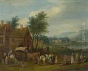 River Landscapes With Village Marketscenes. by Theobald Michau