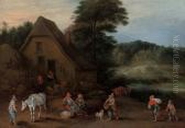 A Wooded Landscape With A Horseman And Peasants Resting Outside A Cottage - view 1