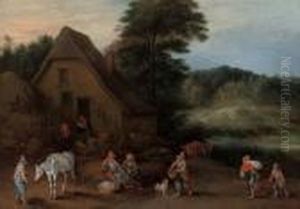 A Wooded Landscape With A Horseman And Peasants Resting Outside A Cottage by Theobald Michau