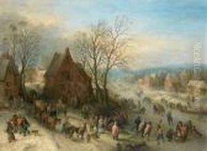 A Winter Landscape With Figures Skating On A Frozen River by Theobald Michau