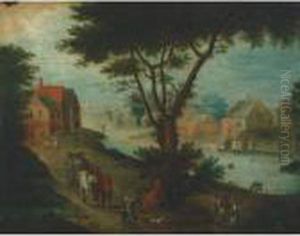 Village Scene With Townsfolk On Riverside Path Village Scene With Townsfolk On Riverside Path