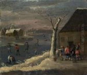 A Winter Landscape With Figures Skating On A Frozen River
