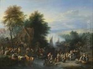 Scene De Marche En Bord De Riviere by Theobald Michau