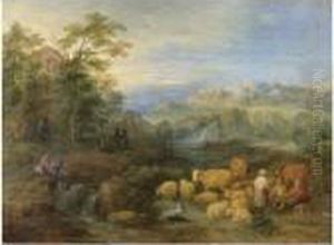 A Summer Landscape With Shepherds And Herdsmen Resting Theirsheep And Cattle By A Stream by Theobald Michau