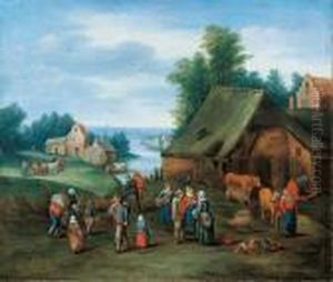 Flusslandschaft Mit Gehoft Und Bauern