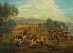 An Extensive Landscape With Peasantsharvesting by Theobald Michau