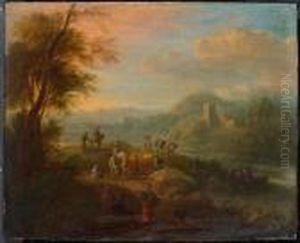 River Landscape With Travellers And Cows.
