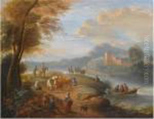 A River Landscape With 
Travellers, Fishermen In A Boat Along The River, A Castle In The 
Distance