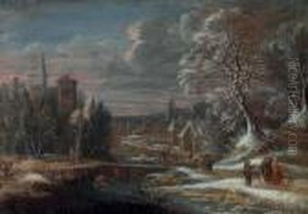 A Winter Landscape With Travelers By A Canal, A City Beyond - view 1
