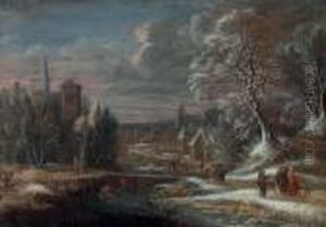 A Winter Landscape With Travelers By A Canal, A City Beyond by Theobald Michau