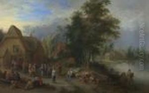 Village Landscape With River. by Theobald Michau