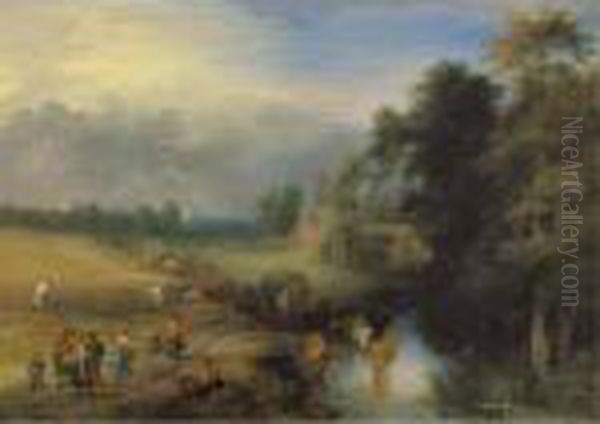 Landscape With Peasants
Harvesting The Crop And A Herdsman Watering His Cows In A Passing Stream - view 1