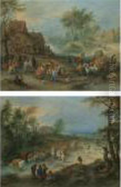 A Village Landscape With Figures
Making Merry And Travellers Passing Through A Stream; A Wooded
Landscape With Travellers And A Herdsman Watering His Herd - view 1