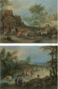 A Village Landscape With Figures
Making Merry And Travellers Passing Through A Stream; A Wooded
Landscape With Travellers And A Herdsman Watering His Herd by Theobald Michau
