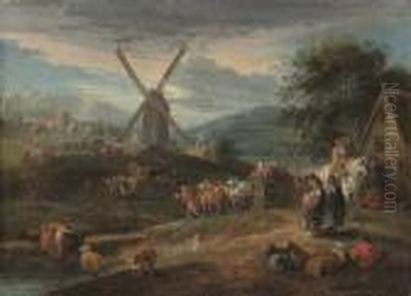 A River Landscape With Figures And Cattle On A Track, A Windmill And Village Beyond - view 1
