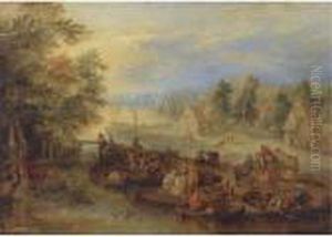 Fishermen Unloading Their Catch On A Riverbank Near A Village by Theobald Michau
