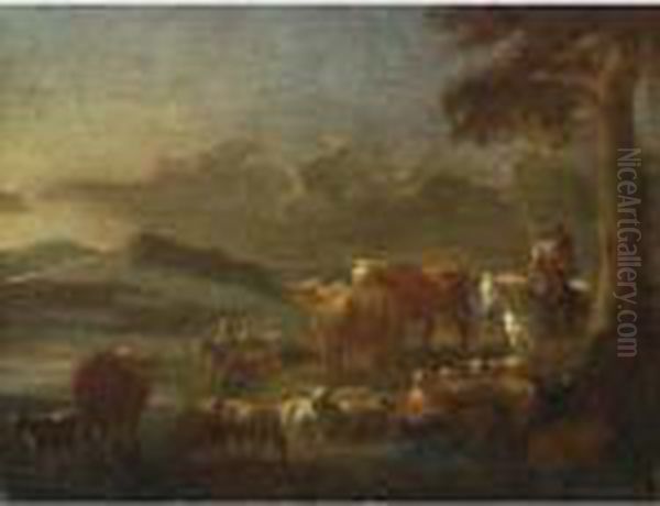 A Hilly Landscape With Peasants Watering Their Animals In A Stream - view 1