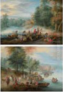 A River Landscape With Men Unloading Cargo Onto The Shore by Theobald Michau