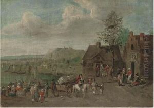 A River Landscape With Travellers By An Inn by Theobald Michau