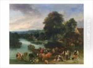 Paysage De Riviere Anime De Paysans by Theobald Michau