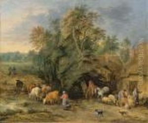 A Landscape With Peasants And Drovers Outside Cottages by Theobald Michau