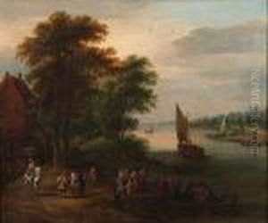 A River Landscape With A Wagon
And Travellers On A Track, Figures In Boats Crossing The River; And A
River Landscape With Travellers On A Path, A Village Beyond by Theobald Michau