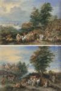 A Village Landscape With 
Peasants Merrymaking Outside An Inn Andfording The River On A Cart; And A
 River Landscape With Peasantsunloading A Cart And Herdsmen With Cattle 
By A Bridge Outside Avillage by Theobald Michau