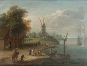 Fishermen Inspecting Their Catch
 On The Shore; And A River Landscape With Figures On A Path, A Windmill 
Beyond