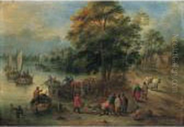 A River Landscape With Fishermen Unloading And Selling Their Catch - view 1