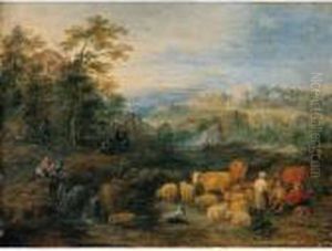 A River Landscape With Drovers And Animals Resting, A Town In The Distance