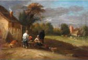 A Landscape With Boors Smoking Outside A Cottage, A Village Beyond