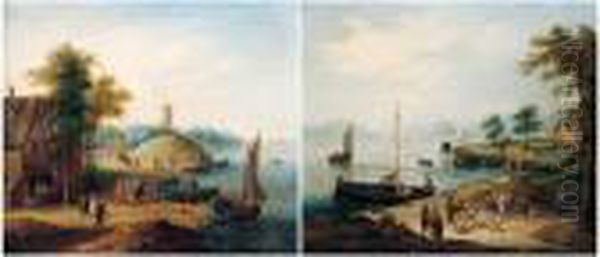 A Coastal Landscape With Fishing
Boats Before A House And A Windmill Beyond; A Coastal Landscape With
Fishermen Selling Their Catch - view 1