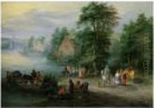 A Wooded River Landscape With Peasants And Cattle By A Ferry, A Village Beyond by Theobald Michau