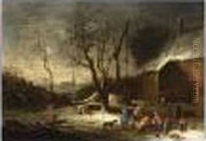 A Winter Landscape With Peasants
 Chopping Wood And Slaughtering A Pig Near A Well, A Farm Nearby