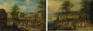 Strolling Players Performing To A Crowd; And Elegant Figures And Peasants By A River