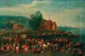 A River Landscape With Townsfolk Waiting To Alight Boats, A Townbeyond