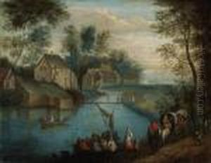A River Landscape With Travellers On A Path And Peasants Boating, Avillage Beyond