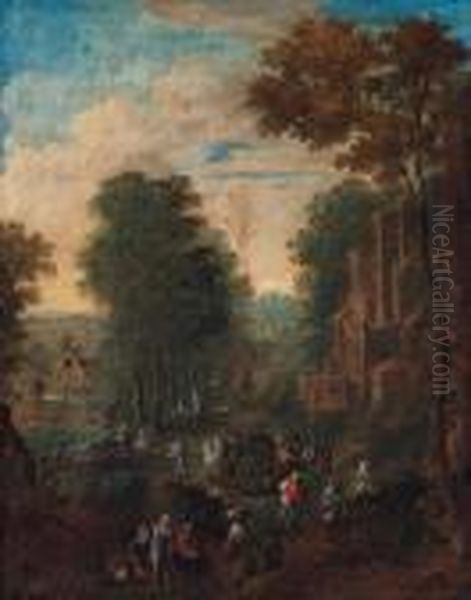 A Wooded River Landscape With Travellers On A Road By A Ruinedcastle - view 1