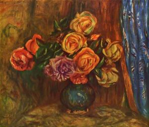 Still life, roses before blue curtain