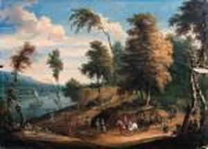 A Dutch River Landscape With Wagons And Travellers Onhorseback